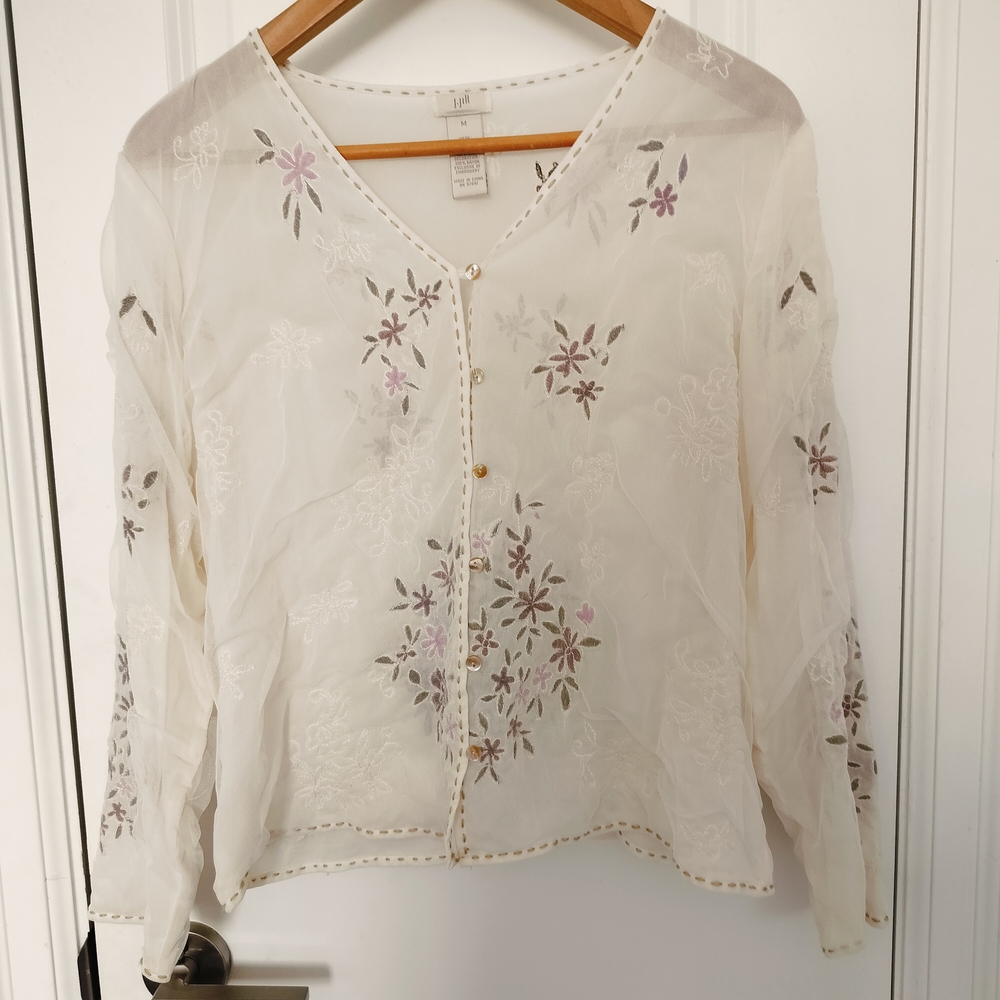 J. Jill Cream V-Neck Button 100% Silk Floral Embroidered Blouse